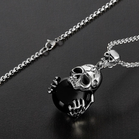 Glass Ball Skull Pendant Necklace // Silver + Black
