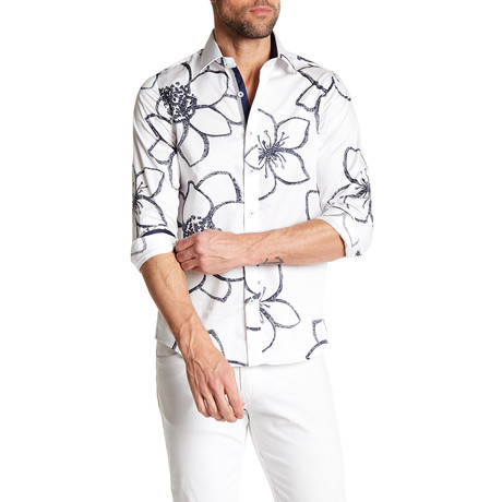 Chalkboard Florals Long-Sleeve Button-Up Shirt // White