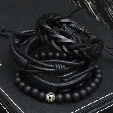 The Chemist Bead + Leather + Cord Bracelet // Black // 4 Pack