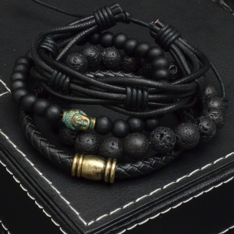 The Raider Bead + Leather + Cord Bracelet // Black // 4 Pack