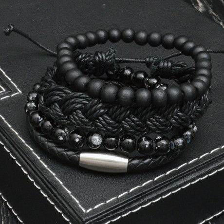 Black Out V2 Bead + Leather + Cord Bracelet // Black // 4 Pack