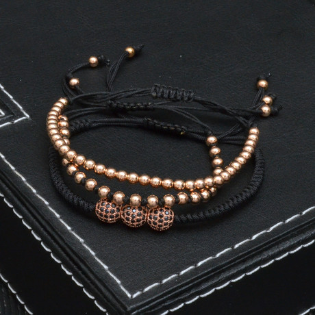 Metallic Bead + Cubic Zirconia Pull Closure Bracelet // Rose Gold + Black // 3 Pack