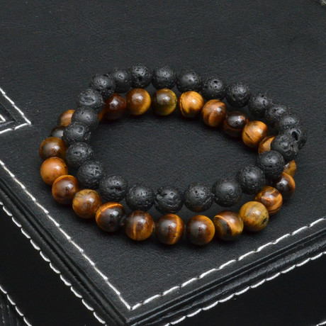 Tiger Eye + Lava Rock Beaded Bracelet // Brown + Black // 2 Pack