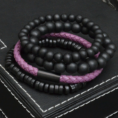 Simple Bead + Leather Bracelet // Black + Purple // 4 Pack