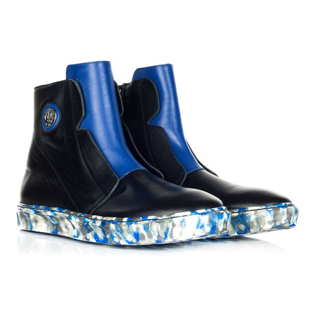 Colorful Sole Lace-Less Hi-Top Sneaker Boot // Black + Blue