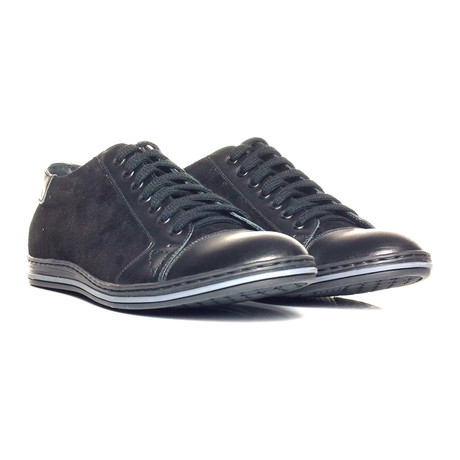 Mixed Texture Lace-Up Captoe Sneaker // Black