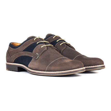 Contrast Stitched Mixed Panel Perforated Captoe Derby // Brown + Black