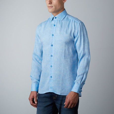 Bano Solid Linen Button-Up Shirt // Blue