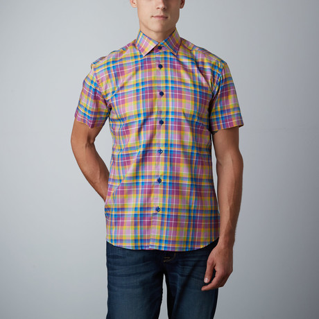 Vike Short-Sleeve Plaid Button-Up Shirt // Purple