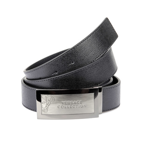 Engraved Brushed Metal Buckle Saffiano Leather Belt // Black