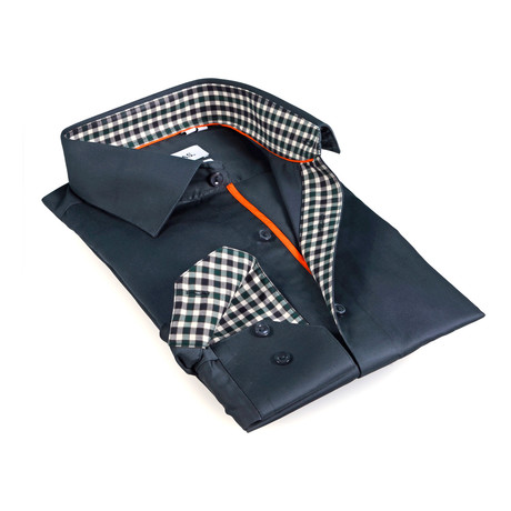 Gingham Collar Solid Button-Up // Navy