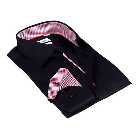 Houndstooth Collar Solid Button-Up Shirt // Black