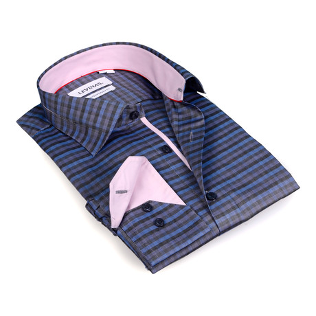 Contrast Horizontal Stripe Button-Up Shirt // Charcoal + Blue