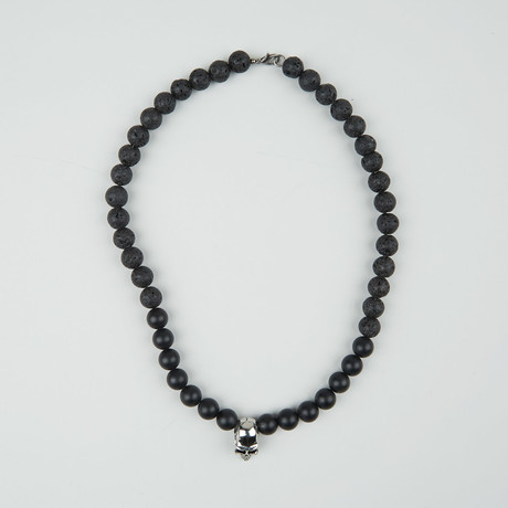 Beaded Skull Necklace // Black + Antique Silver