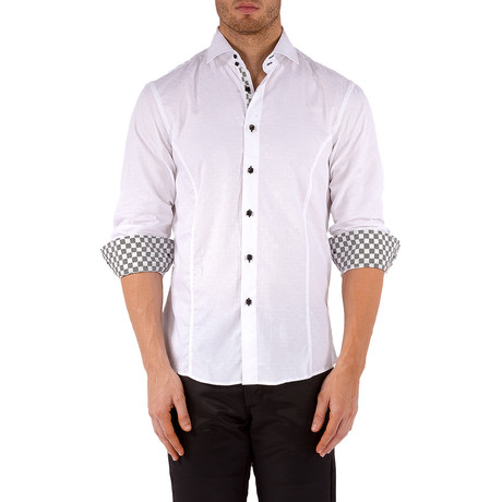 Checker Trim Long-Sleeve Button-Up Shirt // White