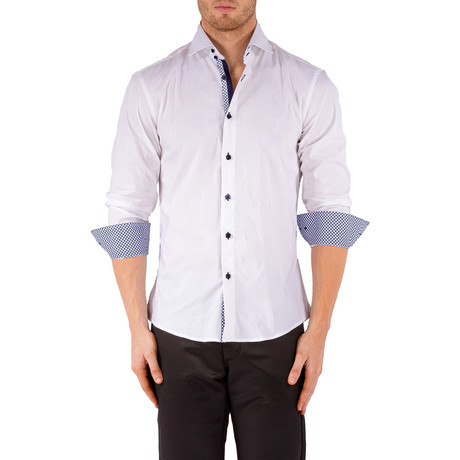 Grid Trim Long-Sleeve Button-Up Shirt // White