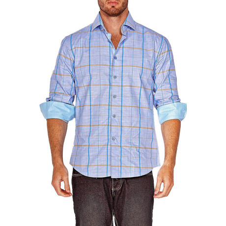 Wide Check Long-Sleeve Button-Up Shirt // Blue