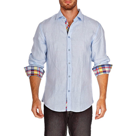 Plaid Trim Long-Sleeve Button-Up Shirt // Light Blue