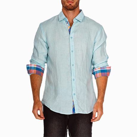 Plaid Trim Long-Sleeve Button-Up Shirt // Turquoise