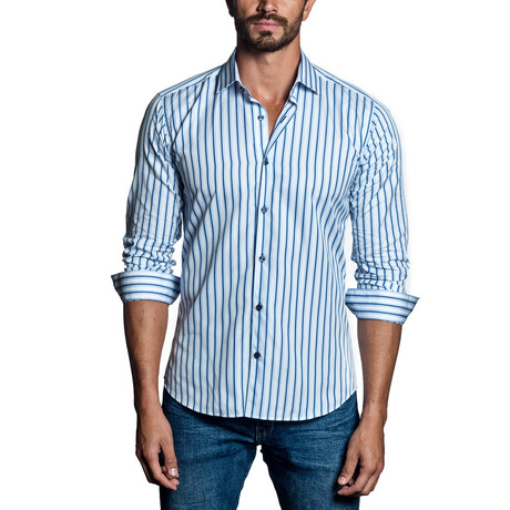 Striped Woven Button-Up // White + Blue