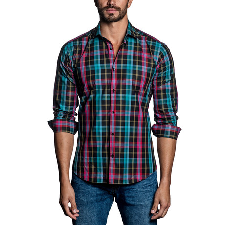 Checkered Woven Button-Up // Turquoise + Pink Multi