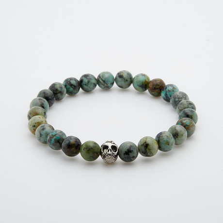 African Turquoise + Stainless Steel Skull Beaded Bracelet // Green
