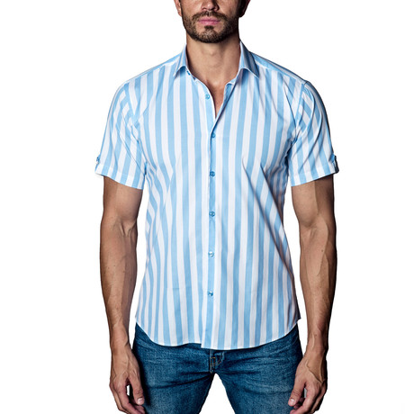 Bold Striped Woven Button-Up // White + Blue