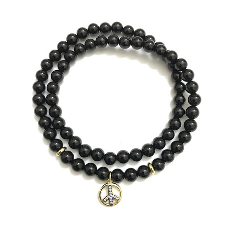 Gold Peace Sign Double Wrap Bracelet // Black Onyx