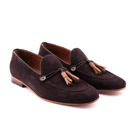 Buttoned Suede Tassel Loafer // Brown