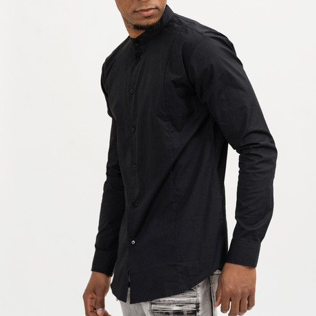 Aaron Mandarin Collar Button-Up Shirt // Black