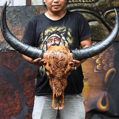 Hand Carved Buffalo Skull // Antique Dragon Fight