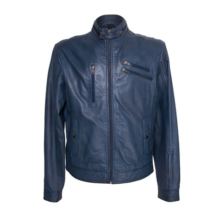 Zipper Pocket Leather Jacket // Navy