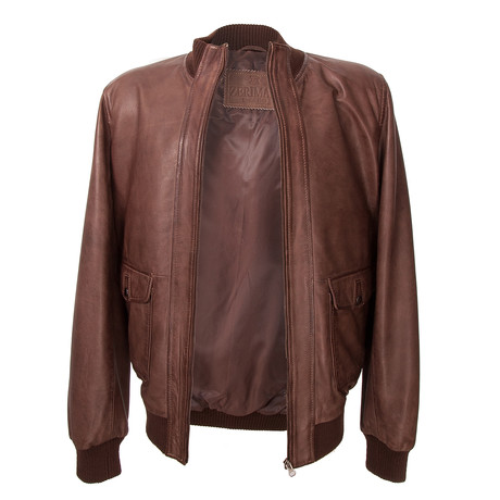 Zip-Up Leather Bomber Jacket // Brown
