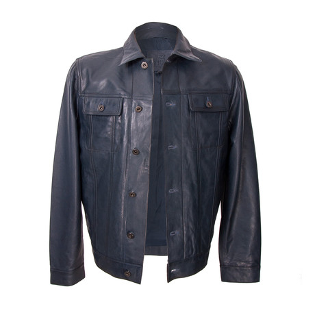 Button-Up Double Patch Pocket Leather Jacket // Navy