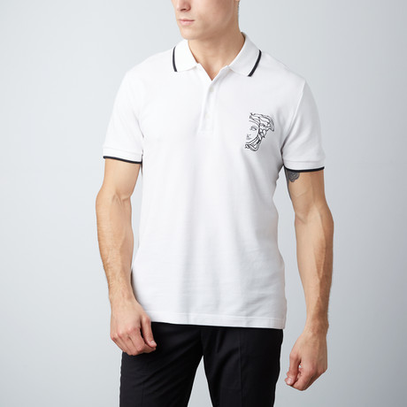 Embroidered Logo Contrast Striped Collar Polo // White