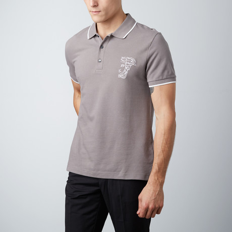 Embroidered Logo Contrast Striped Collar Polo // Grey!