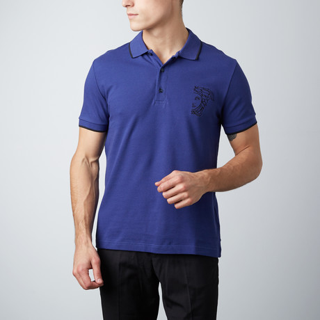 Embroidered Logo Contrast Striped Collar Polo // Blue