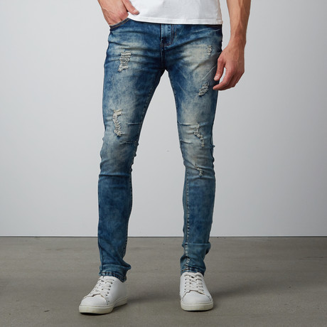Washed Out Slim Straight Stretch Denim Pant // Blue