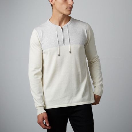 Hi Low Crew Neck Sweater With Drawcord Detail // White