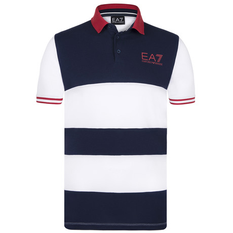 Stripe Blocked EA7 Logo Polo // White + Navy + Red