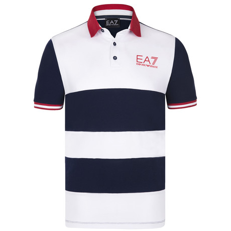 Stripe Blocked EA7 Logo Polo // Black + White + Red