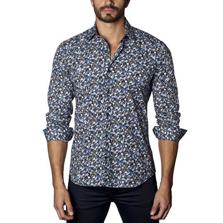 Micro Floral Long Sleeve Shirt // Navy + White