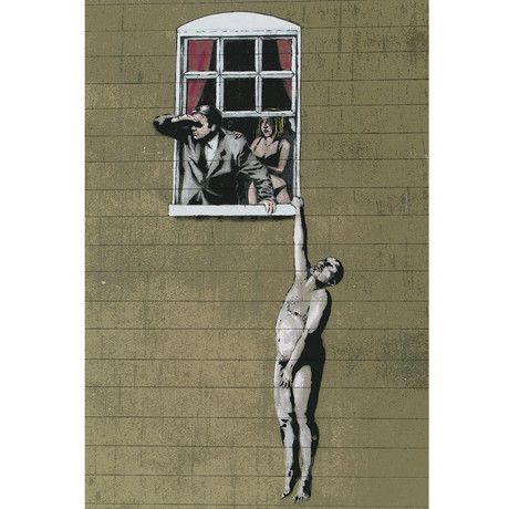 Naked Man Hanging from Window (18"L x 26"H)