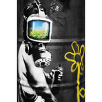 Sunflower Field Gas Mask Girl Black And White // Banksy (26"W x 18"H x 0.75"D)