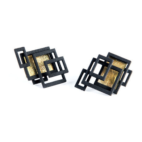 Open Square Stud Earrings Black/Gold