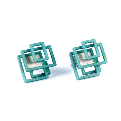 Open Square Stud Earrings Green/Silver