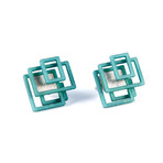 Open Square Stud Earrings Green/Silver