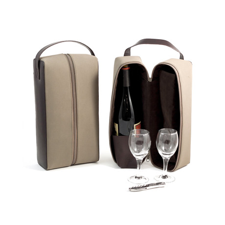 Wine Caddy w/ 2 Glasses // Brown Leather & Ultra Suede