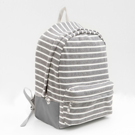 grey and white striped backpack