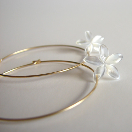 White Plumeria Hoop Earrings // Gold